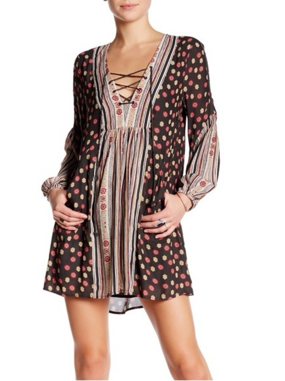 Free People Rain or Shine Boho Lace-Up Floral Mini Dress in Black